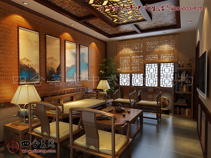 竹席掛鏈四扇屏點(diǎn)染禪意藝術(shù)體驗(yàn) 茶樓古典裝修設(shè)計(jì)室內(nèi)配飾